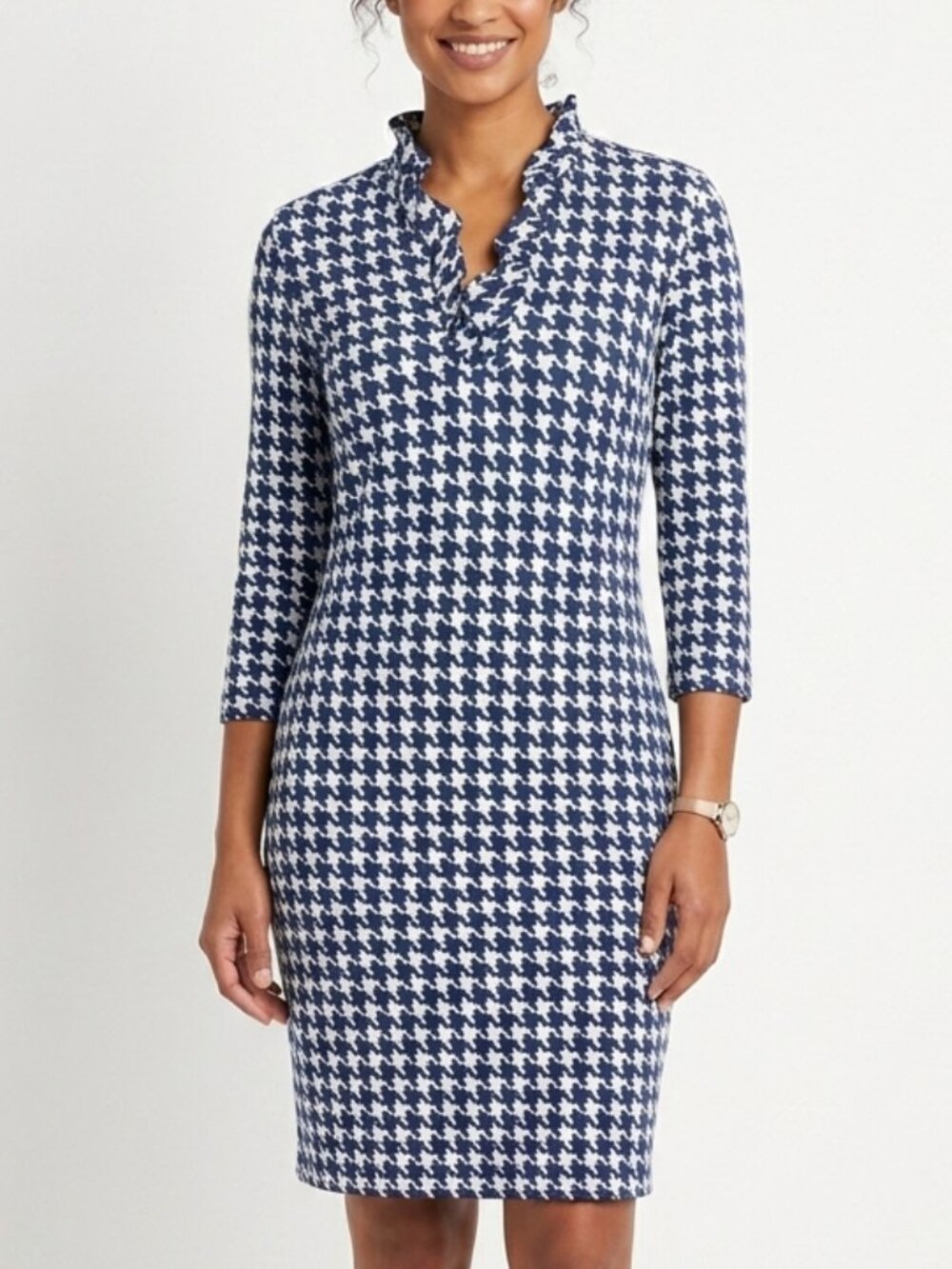 J.McLaughlin Navy Blue and Cream Houndstooth Sheath Dress Women's Size L